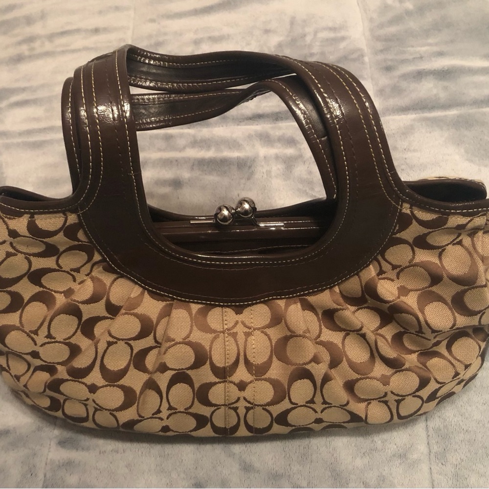 Coach Canvas Logo and Leather Hobo Bag Kiss Turn Lock